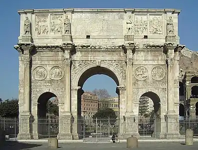 The Arch of Constantine in Rome, built in 312–315 AD to commemorate Emperor Constantine's victory over Maxentius at the Battle of Milvian Bridge in 312 AD