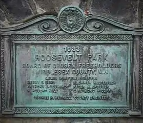 Roosevelt Park stone monument, plaque on back