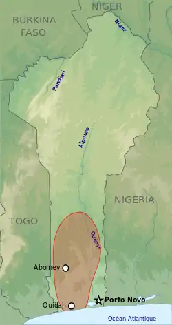 The Kingdom of Dahomey around 1894, superimposed on a map of the modern-day Republic of Benin, in the region of West Africa.