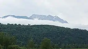 Mountains in the distance above a wooded slope
