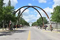 A view of the arches spanning Main Street in Russell, Manitoba.