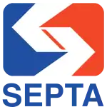 Angled white "S" with the word SEPTA in blue underneath. The background to the left of the "S" is blue and red on the right.