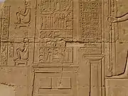 Medical instruments image at the Temple of Kom Ombo, showing scalpels, forceps, scissors, plus prescriptions and two goddesses sitting on birthing chairs.