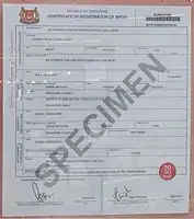 A 2015 Singapore certificate of registration of birth, issued to mark Singapore's 50th anniversary.'