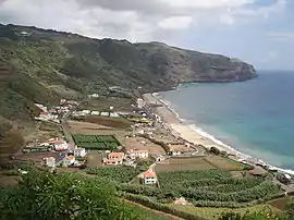 The village of Praia Formoso, on the southern coast of Almagreira; a resort and tourist center during the summer, attractive for its long white sand beach