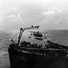 Scoutplane being hoisted on board USS&nbsp;Philadelphia