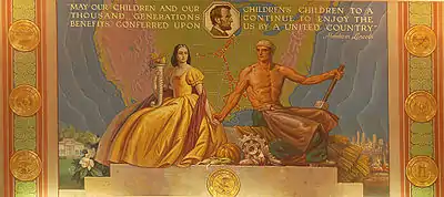 Image 24A mural by Chicago artist Louis Grell in the Springfield Amtrak station. The mural depicts a quote by Abraham Lincoln, a map of the post-1947 Gulf, Mobile and Ohio Railroad, and the seals of the seven states that the railroad served. Image credit: Louis Grell (painter), RI-Bill (photographer) (from Portal:Illinois/Selected picture)