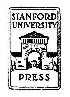 The words "Stanford University Press" superimposed on a line drawing of one of the gates to the main quad