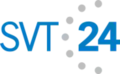 SVT24's first logo from 1999 to 2001, there is the word SVT in blue text and to the right of it there are seven gray dots and on the right of them is the number 24 in blue and bolder text.