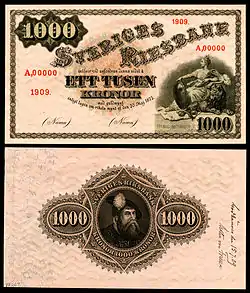 1909 specimen of a Sveriges Riksbank 1,000-krona note.