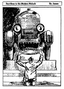 Image 34Sacrifices to the Modern Moloch, a 1922 cartoon published in The New York Times, criticizing the apparent acceptance by society of increasing automobile-related fatalities (from Road traffic safety)