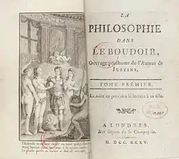 Two pages from the book: on the left an engraving showing a man talking four half-naked women; on the right, the title details of La Philosophie Dans le Boudoir