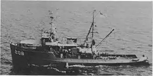 USS Sagamore (ATA-208) underway in the Chesapeake Bay in 1969.