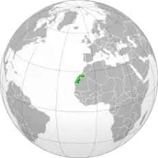 Areas controlled by the SADR in dark green, claimed but uncontrolled areas in light green