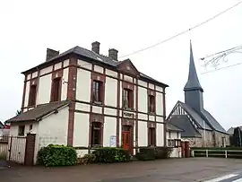 The town hall and church in Saint-Julien-de-la-Liègue
