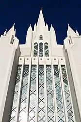 The stained glass wall of the West spire