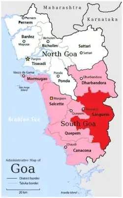 Location of Sanguem in South Goa district in Goa