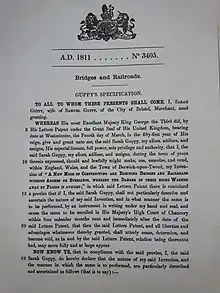 First page of Sarah Guppy's bridge patent of 1811