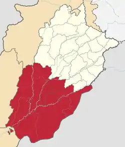 Map of proposed Saraikistan (Red) and Punjab (White). The map is made up of Bahawalpur Division, Multan Division and Dera Ghazi Khan Division.