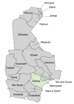 Location of Sarbaz County in Sistan and Baluchestan province