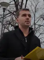 Savo Manojlović, the campaign director of Kreni-Pokreni, holding a press conference on 30 November 2021