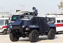 Police Tactical Unit specialised second generation of armoured personnel carrier, Saxon. Now parked inside the Police Tactical Unit Base for exhibition.
