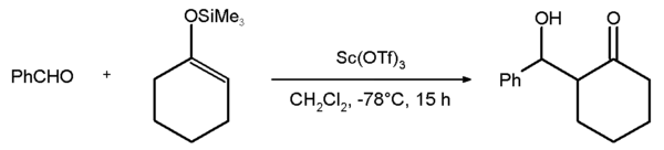 .mw-parser-output .template-chem2-su{display:inline-block;font-size:80%;line-height:1;vertical-align:-0.35em}.mw-parser-output .template-chem2-su>span{display:block;text-align:left}.mw-parser-output sub.template-chem2-sub{font-size:80%;vertical-align:-0.35em}.mw-parser-output sup.template-chem2-sup{font-size:80%;vertical-align:0.65em}Sc(OTf)3-mediated aldol condensation