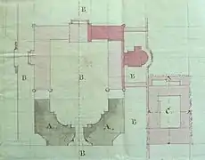 Schéma du Château-Vieux de Meudon en cours de démolition, 22 February 1805. En rose foncé, ce qu'il reste à démolir. ADY, 2Q 34