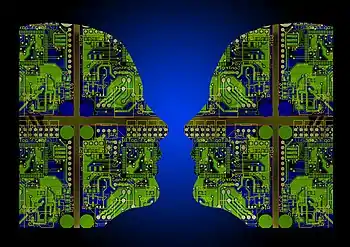 Lateral view of human faces filled with artificial intelligence tools.