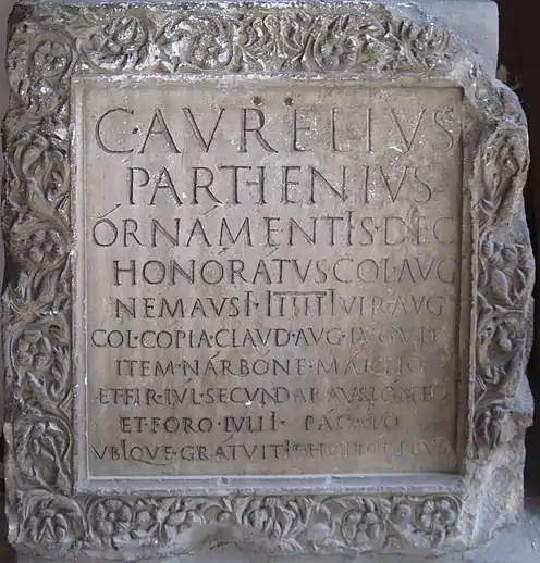 Roman inscription, ca. AD 100, showing long i's contrasting with apices on other vowels, for example .mw-parser-output span.smallcaps{font-variant:small-caps}.mw-parser-output span.smallcaps-smaller{font-size:85%}órnámentIs in line 3 (besides other words), representing the vowel /iː/.