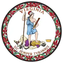A circular seal with the words "Virginia" on the top and "Sic Semper Tyrannis" on the bottom. In the center, a woman wearing a blue toga and Athenian helmet stands on the chest of dead man wearing a purple breastplate and skirt. The woman holds a spear and sheathed sword. The man holds a broken chain while his crown lies away from the figures. Orange leaves encircle the seal.