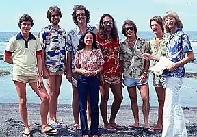 Seawind with DJ Kamasami Kong in 1977. From left to right: Jerry Hey, Bob Wilson, Kim Hutchcroft, Pauline Wilson, Bud Nuañez, Ken Wild, Larry Williams, and Kamasami Kong.