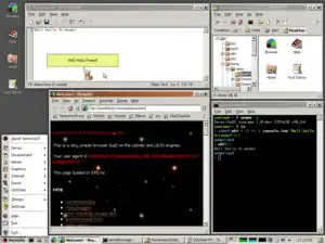 The SerenityOS Desktop as it was on October 22, 2022. In the screenshot you can see the Text Editor, the File Manager, the Terminal emulator and the Ladybird web browser. A CatDog is sitting on the text editor.