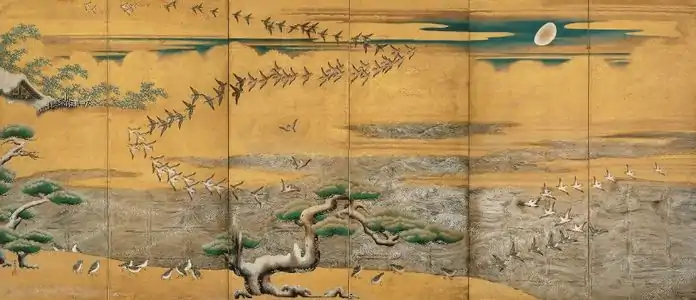 Waterfowl of the Winter Beach. Folding screen, left panel. 1629.