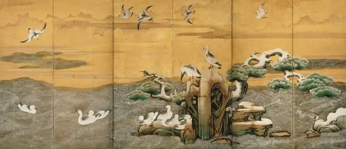 Waterfowl of the Winter Beach. Folding screen, right panel. 1629.