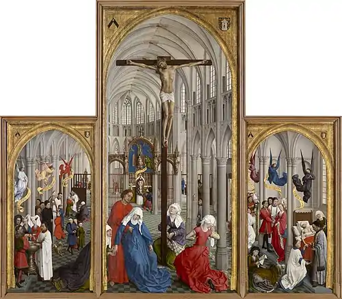Three paintings. In the center, the largest picture depicts the Crucifixion of Christ, while two smaller pictures depicts scenes from religious life, such as baptism, marriage.
