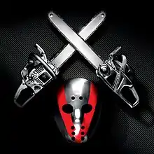The background is a dimly-lit, black diamond plate. On it, a black and red hockey mask, under two crossed chainsaws is depicted.