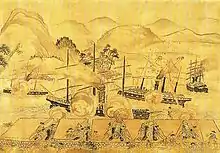Japanese cannons shooting on Foreign shipping at Shimonoseki in 1863.
