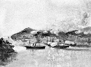The USS Wyoming battling in the Shimonoseki Straits against the Choshu steam warships Daniel Webster (six guns), the brig Lanrick (Kosei, with ten guns), and the steamer Lancefield (Koshin, of four guns).
