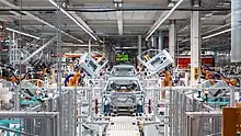 Photo of a car assembly line, with numerous robots