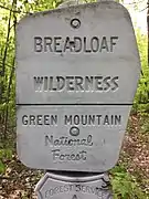 A signpost at the edge of the Breadloaf Wilderness in the Green Mountain National Forest