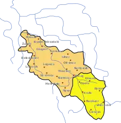 Upper (in yellow) and Lower Silesia (in light orange)
