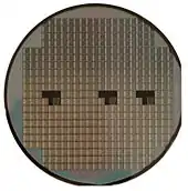 A silicon wafer; individual devices (VLSI in squares) are not usable until diced, wire-bonded, and packaged