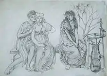 line drawing of three figures: a man embraces a woman, with another woman looking on
