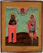 Преподобный Симеон Столпник и мученик Иоанн Воин (Prepodobnij Simeon Stolpnik i muchenik Ioann Voin); from the Simeon Stolpnik church in Yaroslavl; late-17th century – early 18th century; on wood, tempera; 31.5×27; Yaroslavl Art Museum, Yaroslavl, Russia; Инв. И-501; Restoration in 2005 by А. Н. Klyachina