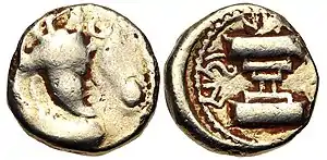 Ranadityasatya. Circa 524 to mid-6th century CE. Crowned bust right; sun-wheel symbol to right. Fire altar; ranadityasatya in Brahmi around.