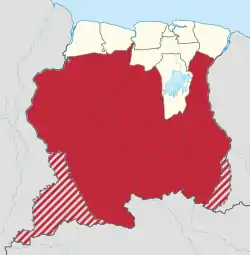 Map of Suriname showing Sipaliwini district(claimed territory in hatched area)