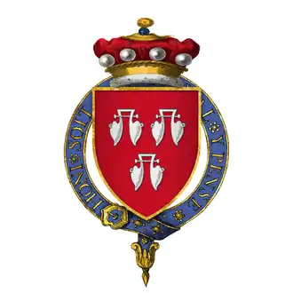 Coat of arms, with a red shield and a blue crown