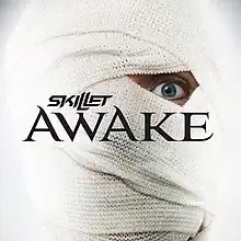 A photo of a person with head covered like a mummy, with one eye shown, with the words "Skillet - Awake".
