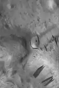 D. Dark slope streaks in Phlegra Dorsa region as seen by MOC. The streak near the center of image has been diverted around a small hill. The image is about 3&nbsp;km (1.9&nbsp;mi) across.